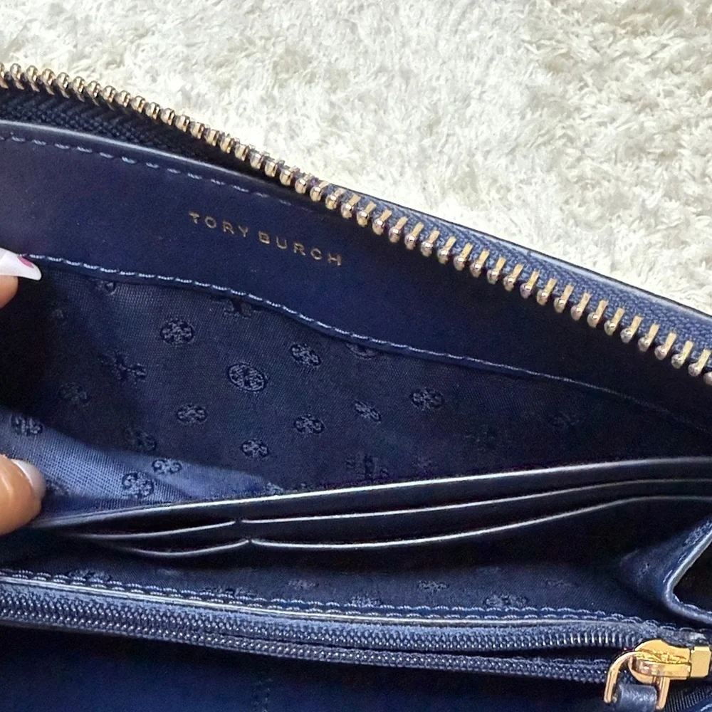 Tory Burch T Block Navy and White Checkered Continental Zip Around Wallet